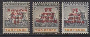 Barbados 1907 SC B1, B1b, B1e Mint Varieties 