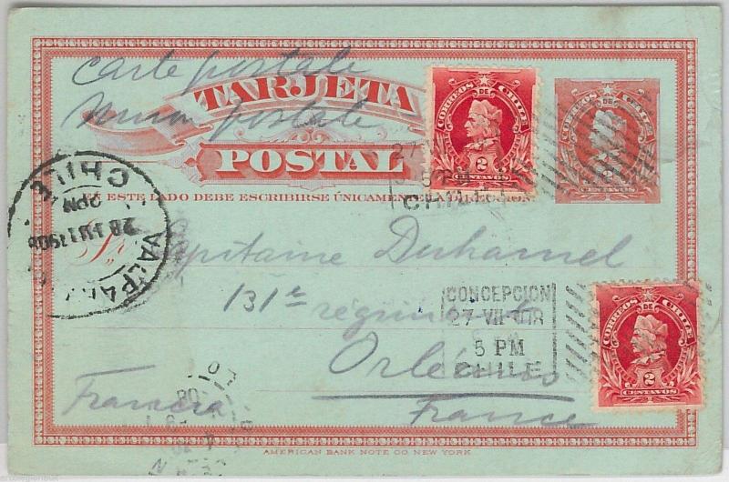 CHILE -  POSTAL HISTORY:  POSTAL STATIONERY CARD  to FRANCE  1908