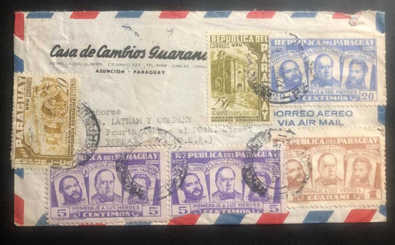 1945 Asuncion Paraguay Commercial Airmail Cover To New York USA 3 heroes stamp