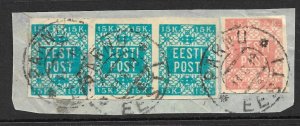 ESTONIA 1918-19 5k & 15k Strip First Issue Sc 1,2 VFU on Piece PARNU Postmarks