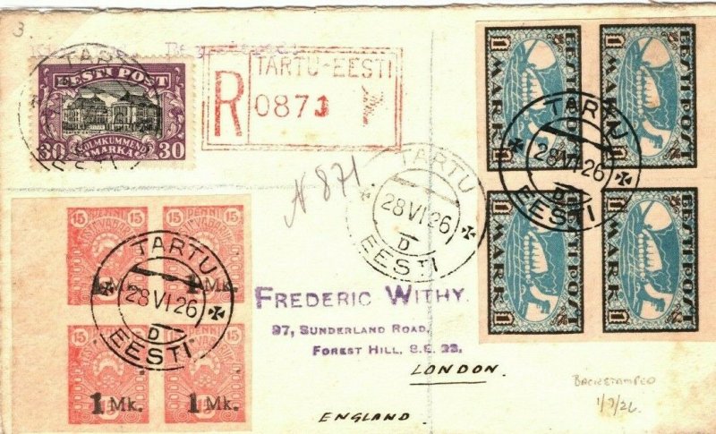 ESTONIA Cover *Tartu* Registered Superb Franking EARLY ISSUES Blocks{4}1926 FC36