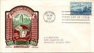 FDC 1951 SC #1000 Cachetcraft/Staehle Cachet - Detroit, Mich - Single - J1552