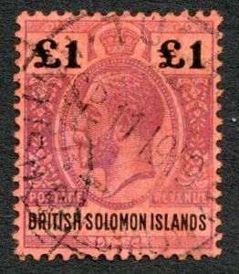 British Solomon Is SG38 One Pound Purple and Black/red Wmk MCA Cat 130 pounds