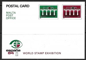 MALTA 1984 EUROPA Espana 84 World Stamp Expo Postal Card Mi.P23 VF Unused