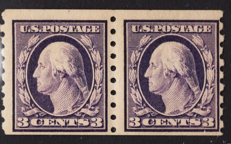 US #394 3c Deep Violet Washington Coil Pair MINT HINGED SCV $145