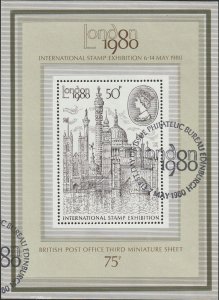Great Britain #909a 1980 75p London Int.  Stamp Exhibition Mini sheet CTO.