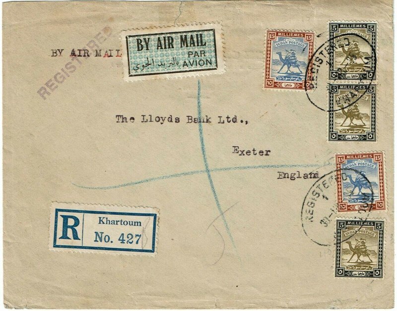 Sudan 1935 Khartoum cancel on registered, airmail cover to England