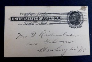 US #UX14 1cent Jefferson Postal Card, Baltimore/Wash DC cancels line up as one,