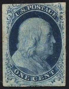 US Stamp #7 1c Blue Franklin Type II  MINT Hinged SCV $1000