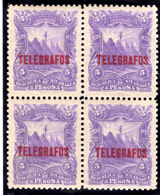 RH#35, H35, Type 6 - 5p violet - MNHOG - XF - block - Nicaragua Telegraph Revenu