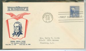 US 816 1938 11c James Polk (part of the Presidential/prexy series) on an addressed typed fdc with a Linprint cachet.