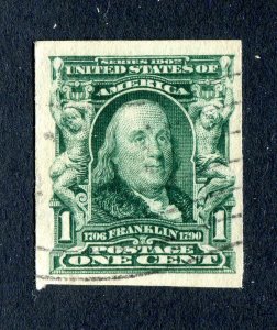 US 1906. Franklin. 1c deep green. Used. Imperfect. Sc#314.