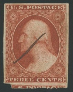 USA 10a - 3 cent Imperf Type II Orange Brown - VF Used Double Transfer - pen cxl