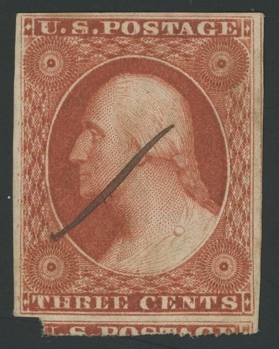 USA 10a - 3 cent Imperf Type II Orange Brown - VF Used Double Transfer - pen cxl