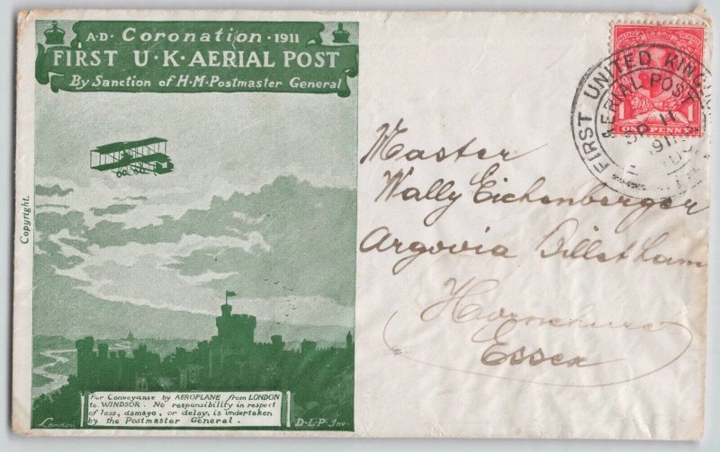 Great Britain 1911 First United Kingdom Aerial Post Cover Bright Green to Essex