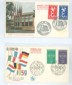 France 889-890/929-930 Europa (1958, 1959) sets of two on two FDC with different cachets & city cancels (both unaddressed)
