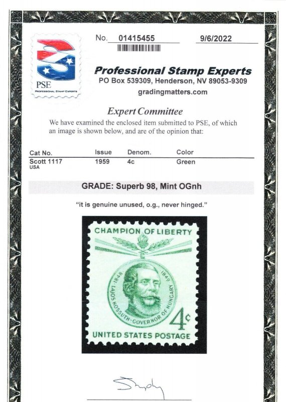 MOstamps - US #1117 Mint OG NH Graded 98 with PSE cert - Lot # MO-4538 SMQ $98