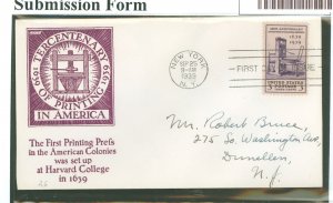 US 857 1939 3c Tercentenary of the Printing Press in America (single) on an addressed first day cover with an Anderson cachet &