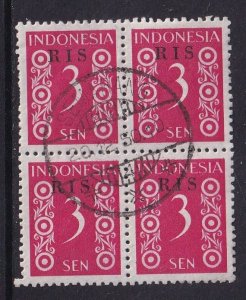 Indonesia   #338  used   1950  RIS overprint  3s  block of 4