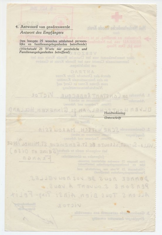  Red Cross correspondence form 1941 WWII The Netherlands - France 