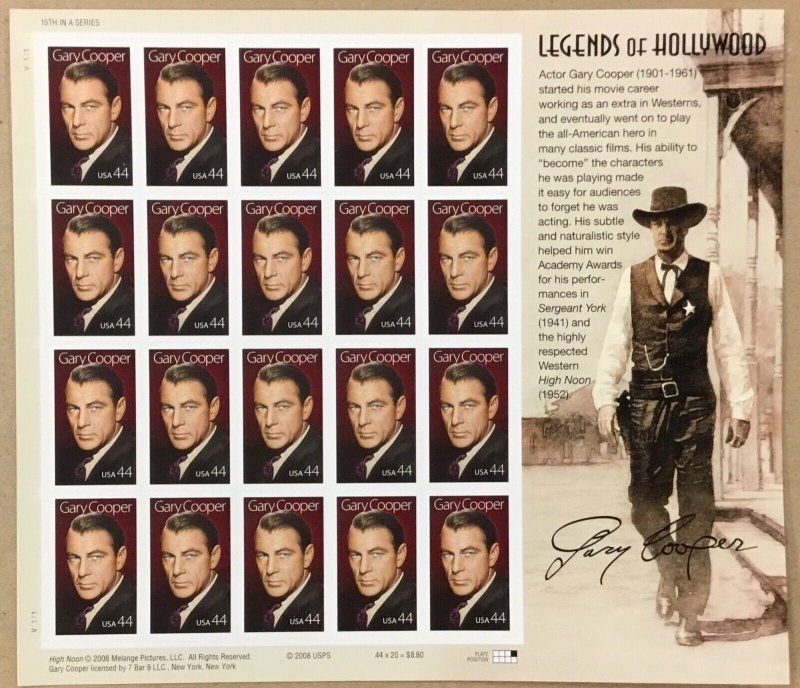 4421    Gary Cooper  Actor  MNH 44 c  sheet of 20.   FV $8.80   in 2009