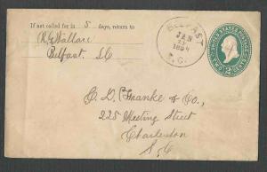 DATED 1894 COVER BELFAST SC TO CHARLESTON W/2c COLUMBIAN X 4 = 10c RATE