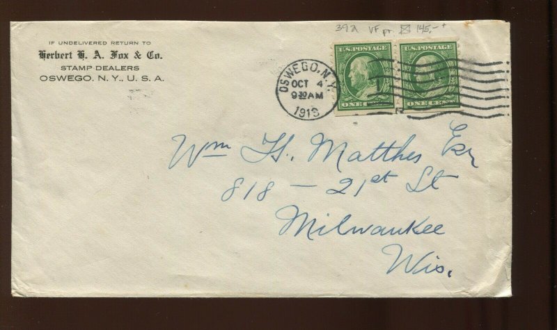 392 Used Coil Pair of Stamps on 1913 Herbert Fox Stamp Dealer Cover (Cv 573)