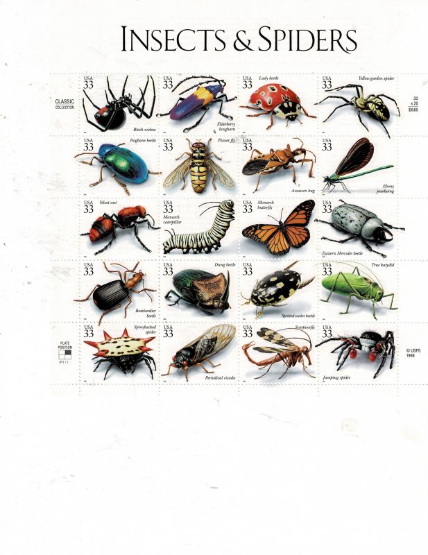 Insects and Spiders 33c US Postage Sheet #3405 VF MNH