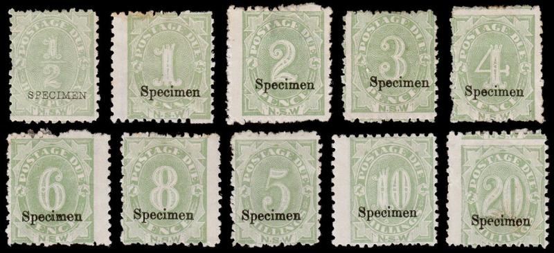 New South Wales Scott J1-J10 Specimen, Perf.10x10 (1891-92) Mint H F-VF M