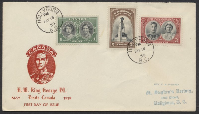 1939 #246-248 Royal Visit FDC Red Linto Cachet Hollyburn BC CDS