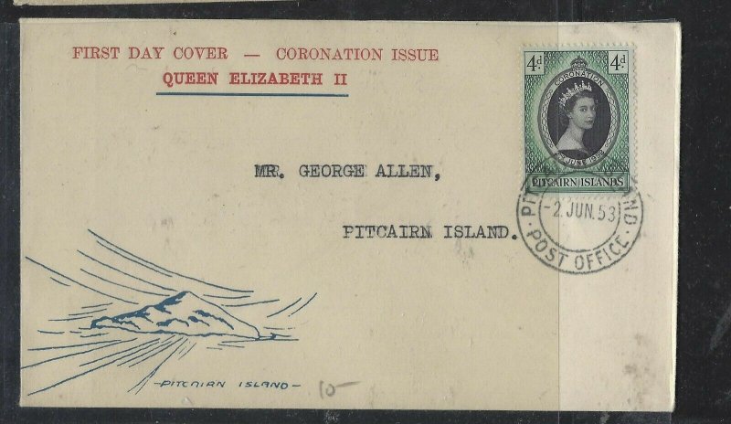 PITCAIRN ISLANDS COVER (P0405B)  1953 QEII CACHETED FDC SENT LOCALLY 