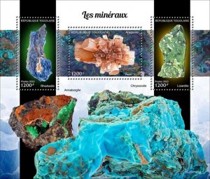 Togo - 2023 Minerals, Rhodusite, Lizardite - 3 Stamp Sheet - TG230101a