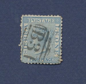 SIERRA LEONE  - Scott 9 - used  - 4p blue, Queen Victoria  - 1872