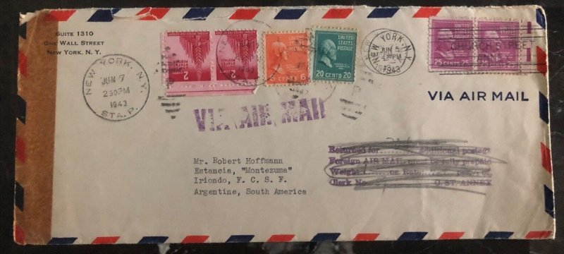 1943 New York USA Airmail Censored Cover To Iriondo Argentina