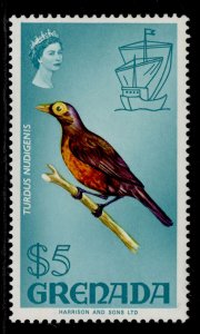 GRENADA QEII SG321, $5 bare-eyed thrush, LH MINT. Cat £14.