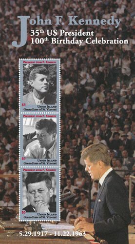 Union Island 2017 - JFK 100th Birthday - Sheet of 3 Stamps - MNH