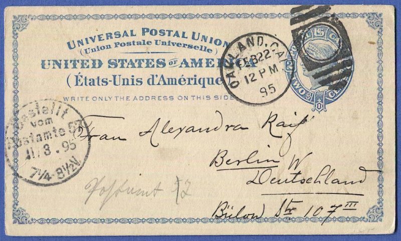 1879 Sc UX6 2c Liberty used postal card OAKLAND, CAL to Berlin, Germany