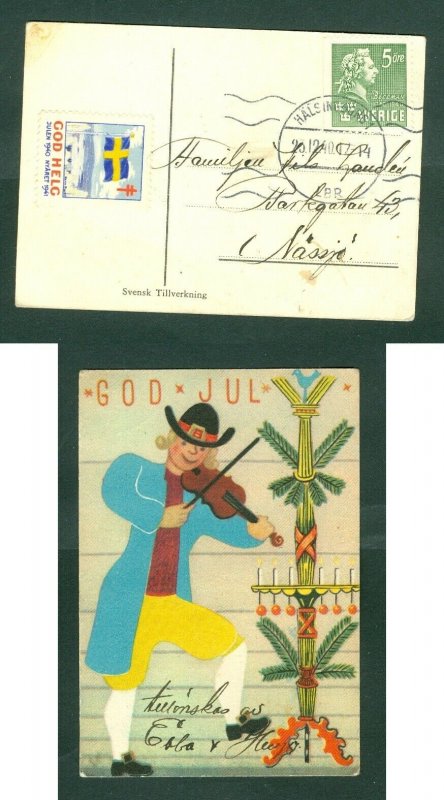 Sweden 1940. Christmas Card Christmas Seal Swedish Flag + 5 Ore. Musician,Violin