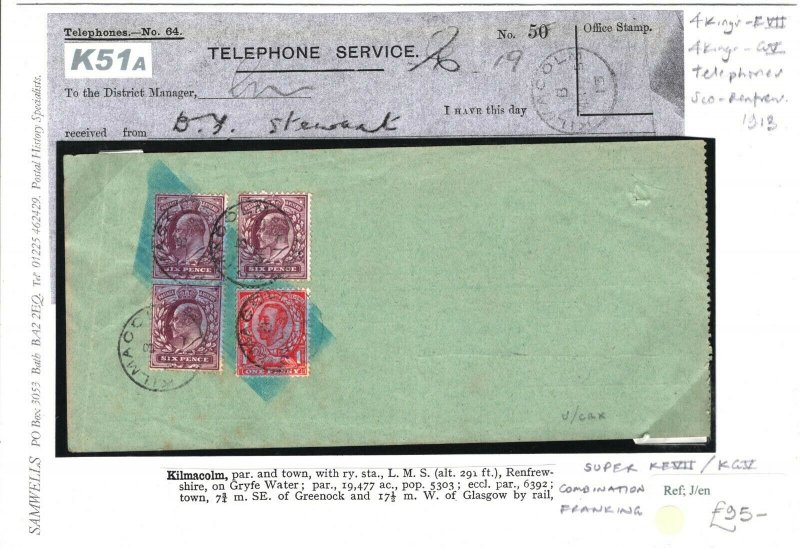 GB SCOTLAND TELEPHONES *Kilmacolm* CDS GPO Form KGV KEVII Franking 1914 K51a