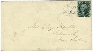 1850's Boston, Mass. cancel on cover to Canada, franked 10c type I, Scott 13