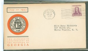 US 726 1933 3c Georgia's Founding/250th Anniversary/James Oglethorpe (single) on an addfressed (typed) FDC with a Linpri...