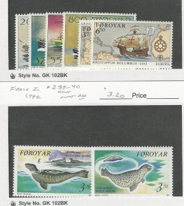 Faroe Islands, Postage Stamp, #232-7, 239-40 Mint NH, 1992 Seal Ship, JFZ