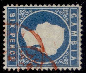 GAMBIA QV SG18A, 6d blue, FINE USED. Cat £100. WMK SIDEWAYS