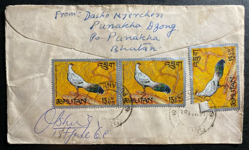 1968 Bhutan First Day Cover FDC To Wellington New Zealand Pheasants 