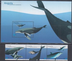 ANGOLA Sc#1269-70 CPL MNH STRIP of 3 and SOUVENIR SHEET - MARINE MAMMALS