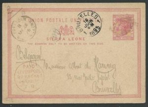 SIERRA LEONE 1895 1d postcard uesd to Belgium, Liverpool Br Packet cds.....57011 