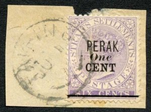 Perak SG44 1c (type 32 Perak at top) on 6c Lilac toned at base Cat 190 Pounds