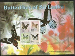 SRI LANKA 537a, MINT HINGED, SOUVENIR SHEET OF 4 STAMPS, BUTTERFLIES