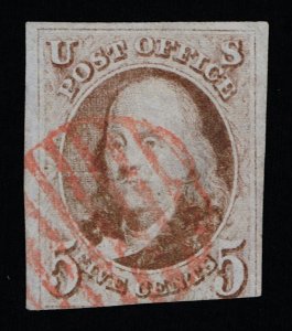 GENUINE SCOTT #1 F-VF 1847 USED CLEAR STRIKE OF RED GRID IN CIRCLE HAND CANCEL