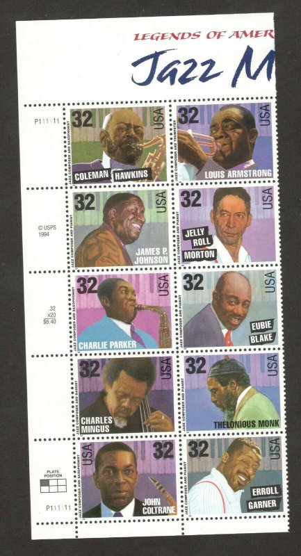 2983-92 Jazz Musicians Plate Block Of 10 Mint/nh FREE SHIPPING